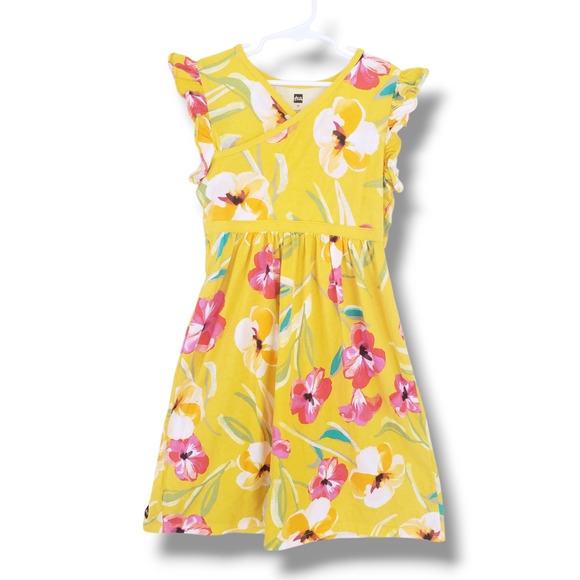 Tea Collection Girls 12 Faux Wrap Dress Painterly Hibiscus Yellow - Picture 1 of 5